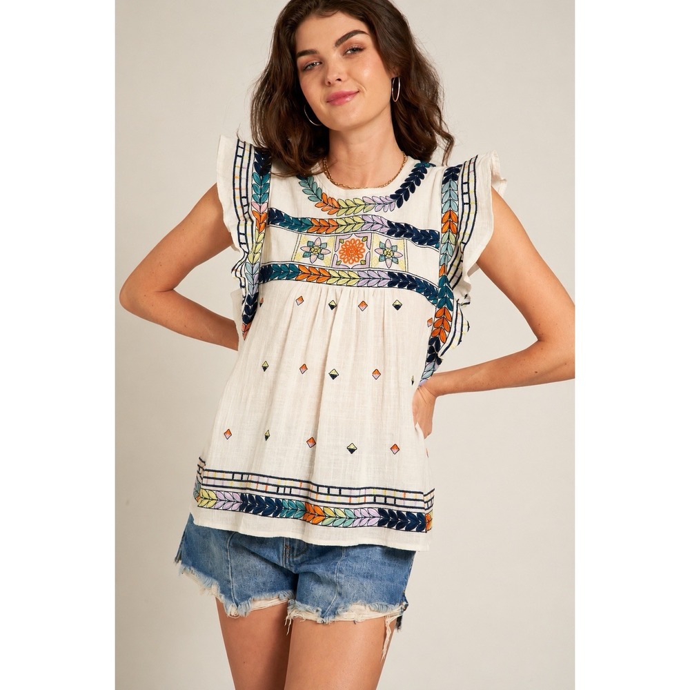 En Créme Embroidered Blouse - Women's LARGE- Flutter Sleeves‎ Boho Cottagecore